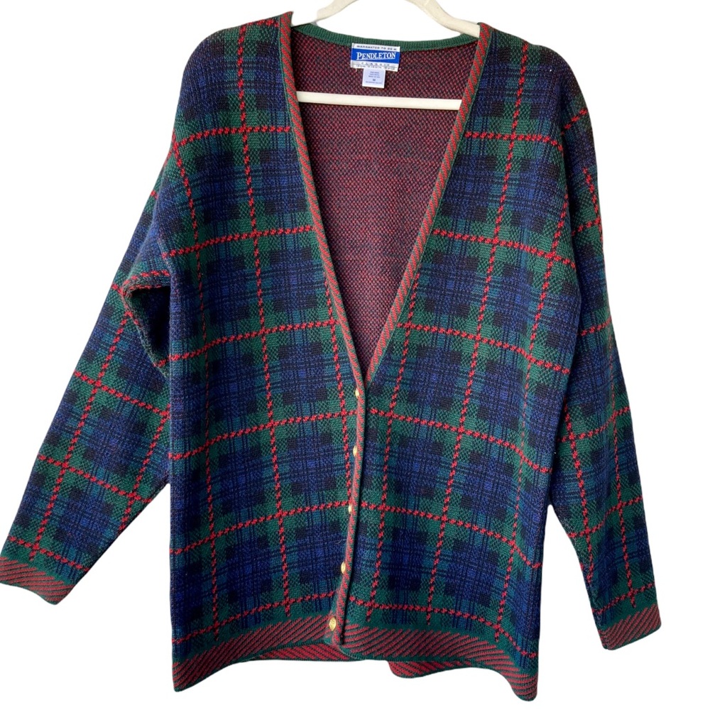 Pendleton Vintage Black Watch Plaid with Red Trim Cardigan M